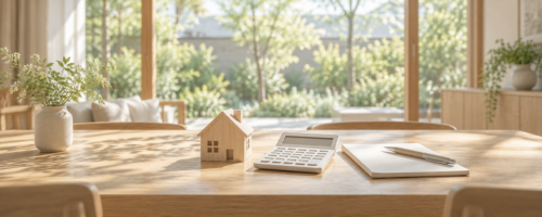 木のダイニングテーブルに家の模型と電卓とノート。住宅ローンと資金計画を立てるイメージ