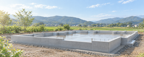 田園と山並みを背景にした、継ぎ目のない一体打ちコンクリートのベタ基礎。水害に備える家づくりのイメージ