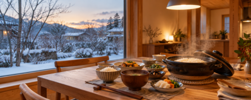 雪景色の窓辺にある高断熱の木の家の暖かなダイニングと土鍋ご飯の食卓