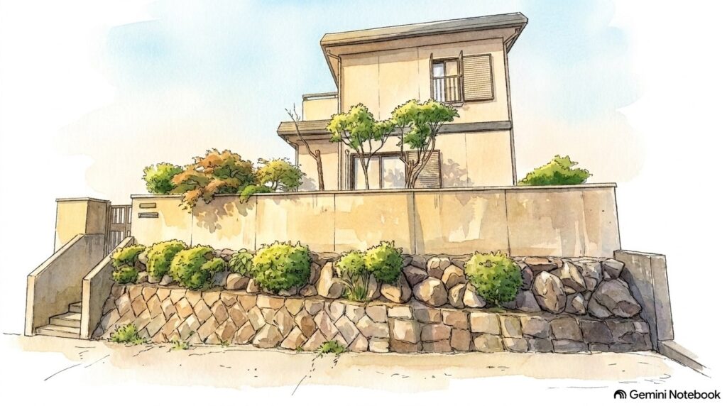 石積みの擁壁の上に建つ家のイラスト